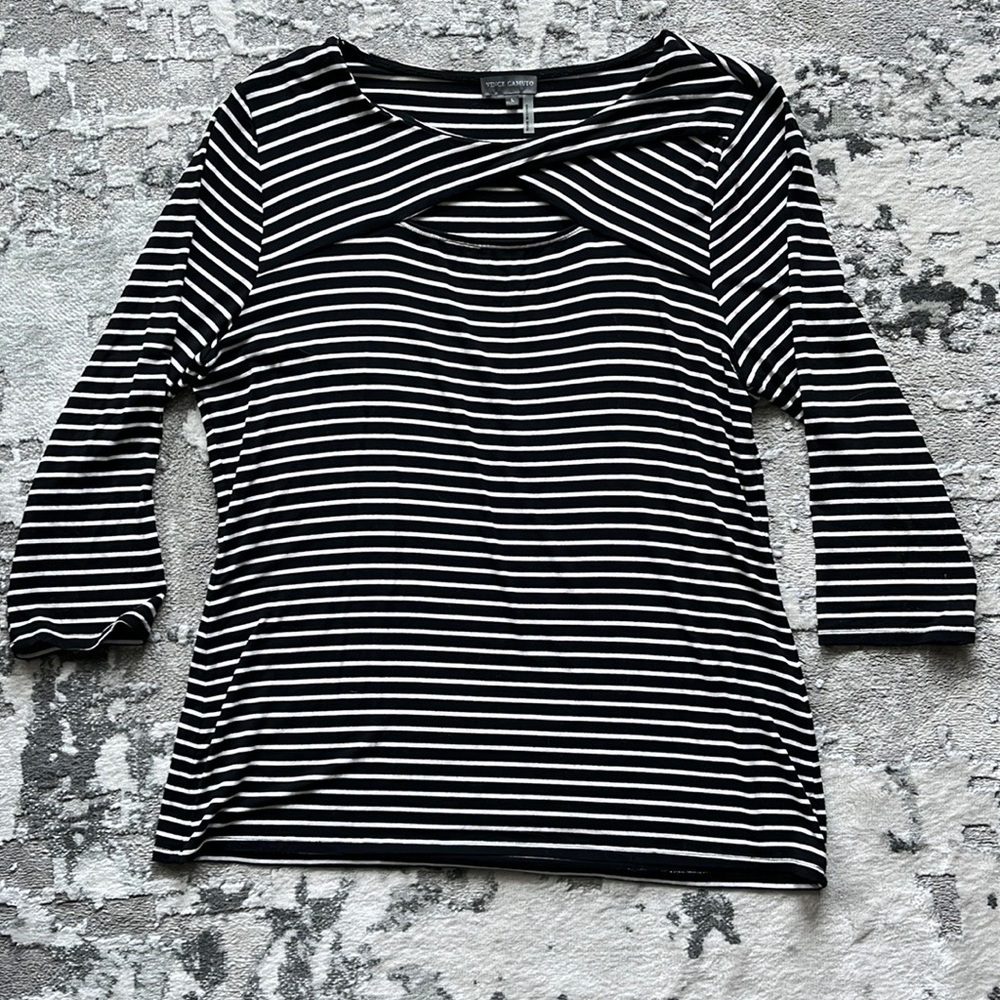 3/4 sleeve, black and white striped shirt with cute chest cutout